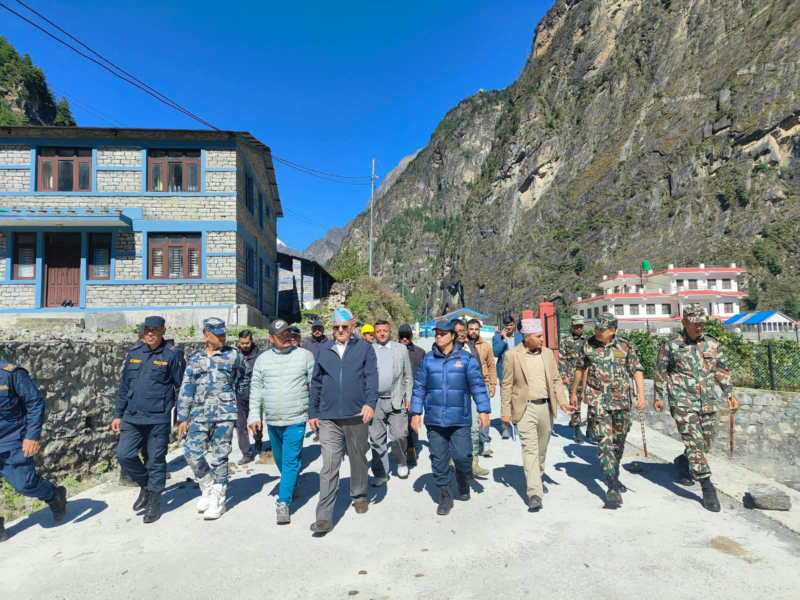 On-site inspection of flood-damaged Chame by the team led by Hon. Chief Minister Surendra Raj Pandey